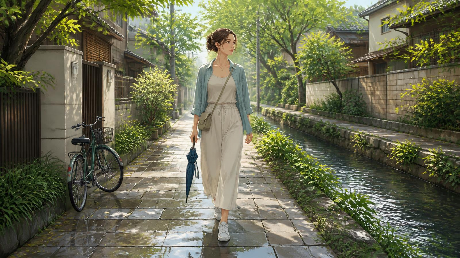 Traveler in light May clothing walking through a green Japanese neighborhood after spring rain