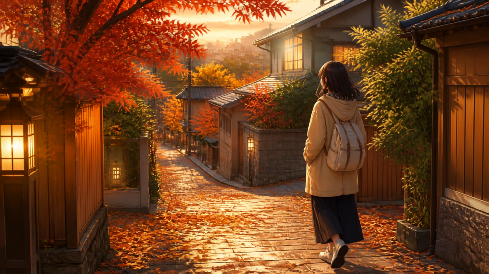 Traveler walking through Japan in November with autumn leaves and cool-weather clothing
