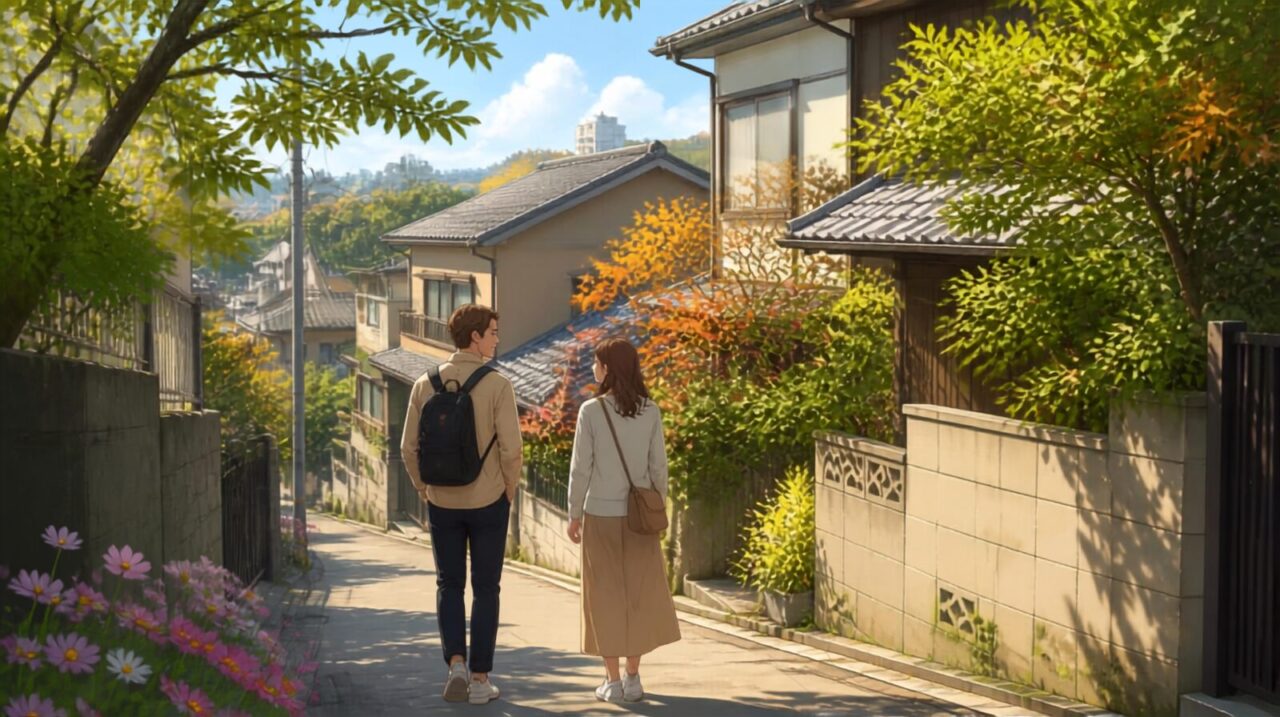 Travelers walking through a Japanese neighborhood in mild October weather