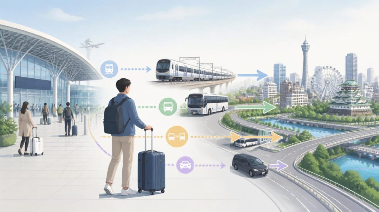 Traveler with luggage choosing between train and airport bus routes from Kansai Airport to Osaka