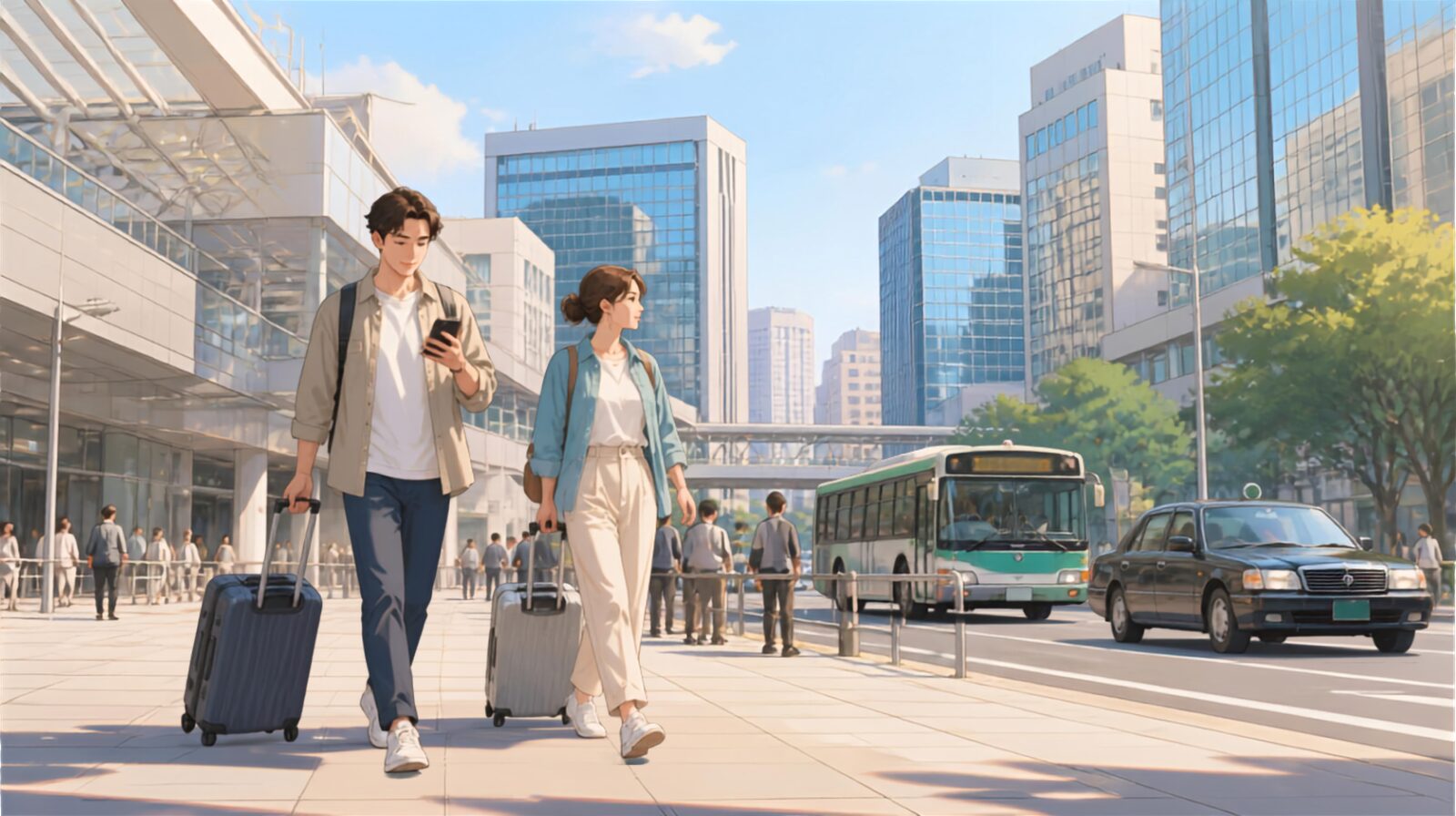 Illustration of travelers with luggage arriving in the Umeda area of Osaka