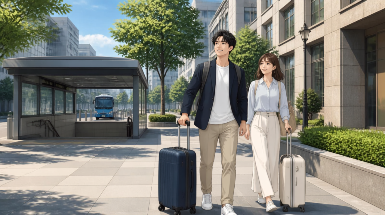 Anime-style illustration of a traveler with luggage arriving in the Yodoyabashi and Higobashi area of Osaka from Kansai Airport