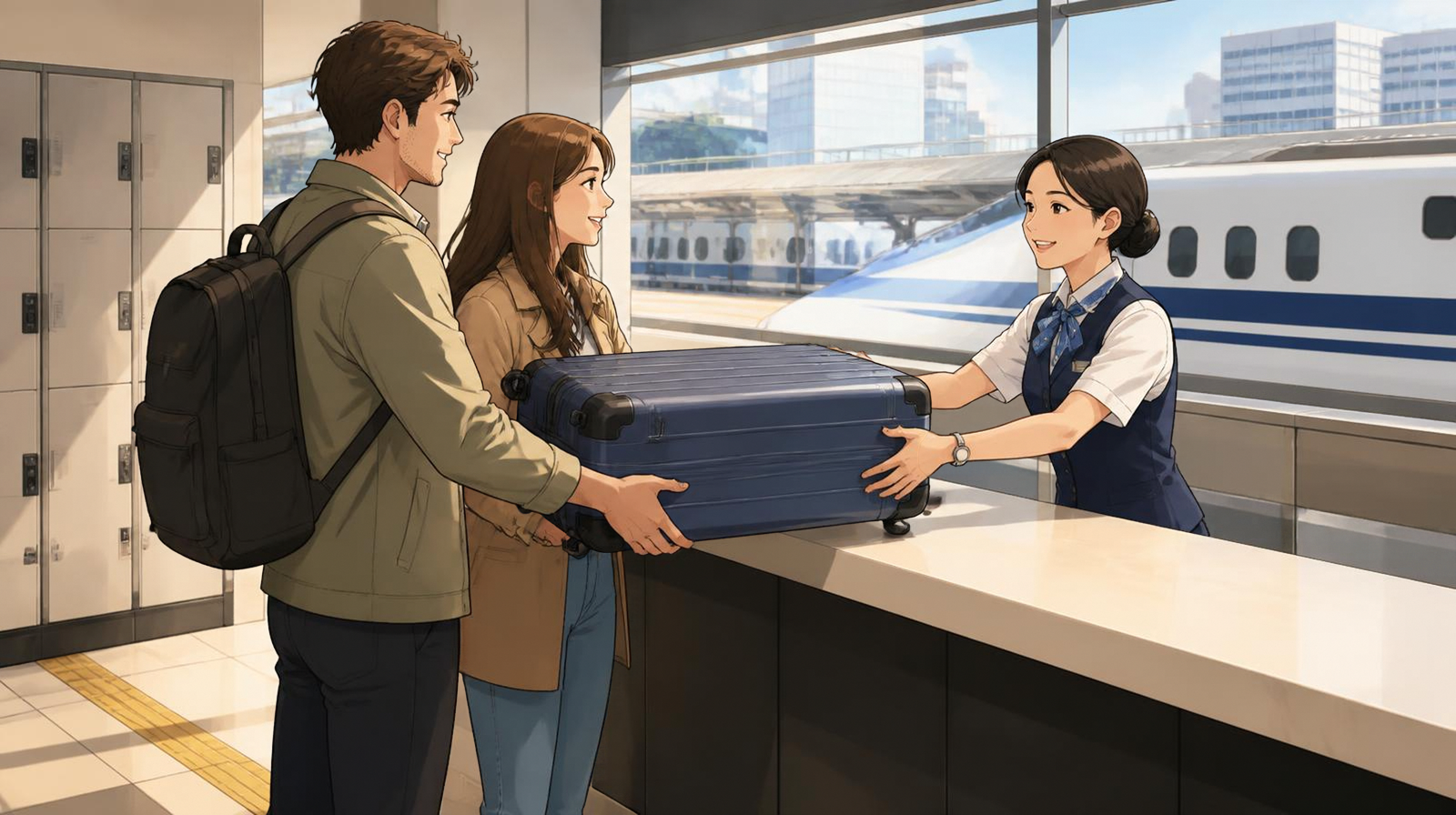 Travelers sending a suitcase at a luggage delivery counter inside a Japanese railway station