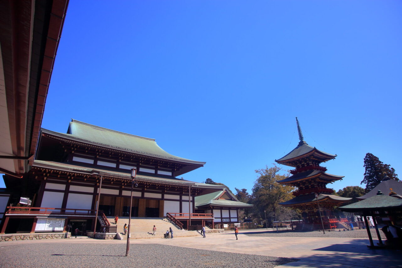 Temple hall and three-story pagoda at Naritasan Shinshoji Temple in Narita