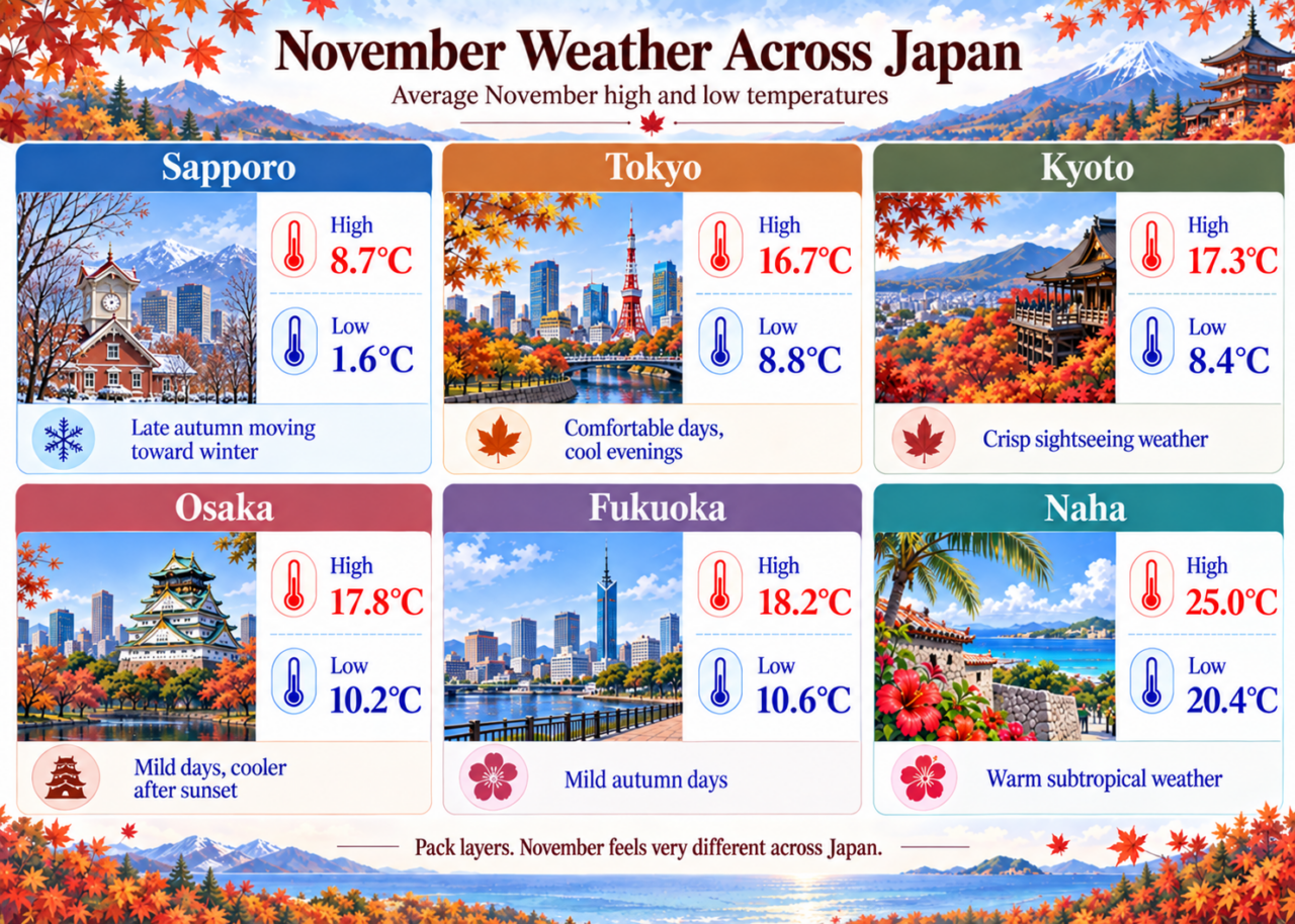 Infographic comparing average November high and low temperatures in Sapporo, Tokyo, Kyoto, Osaka, Fukuoka, and Naha