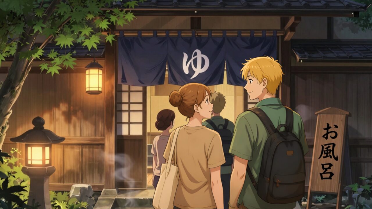 Traditional Japanese public bath entrance with a noren curtain and a calm local atmosphere