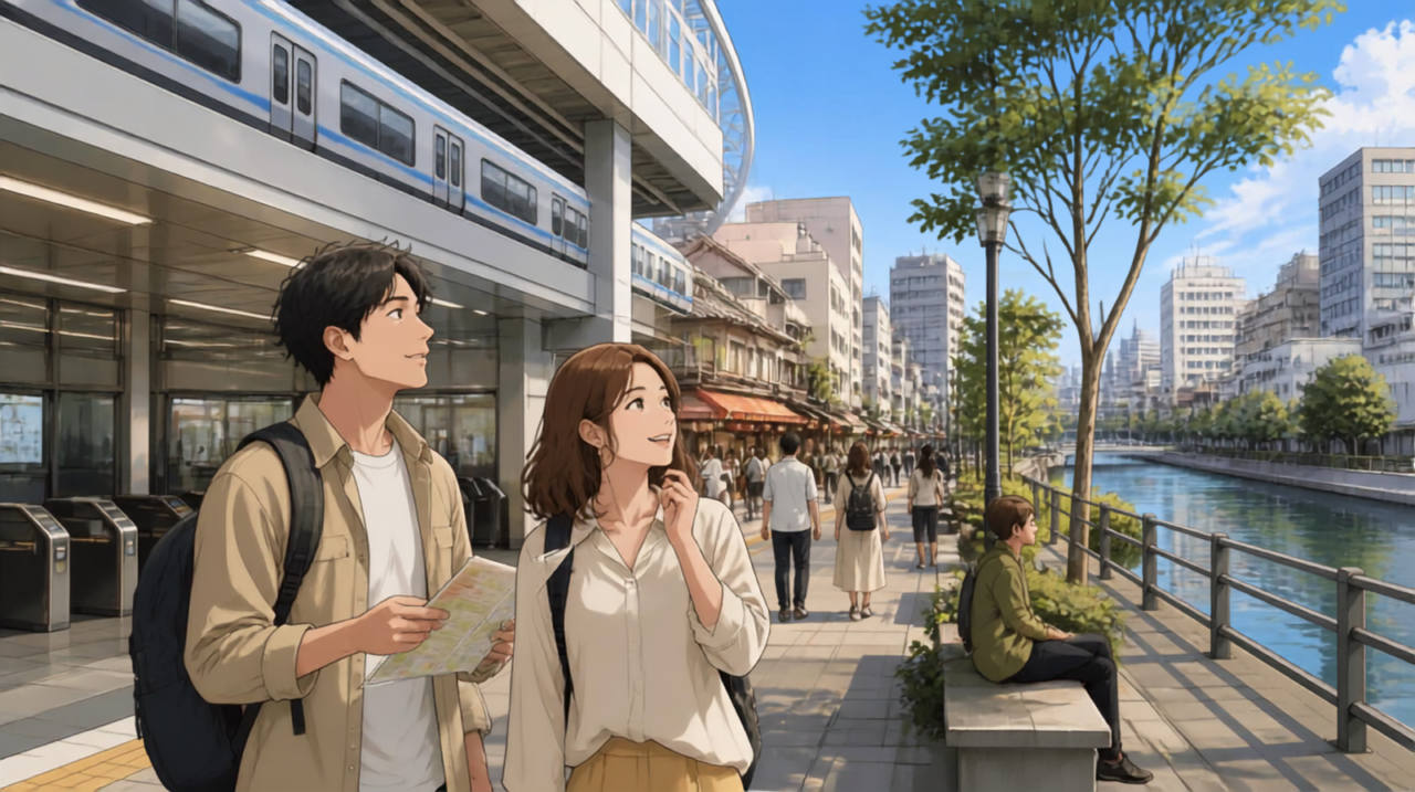 First-time visitors exploring Osaka between a major transport hub and a quieter neighborhood