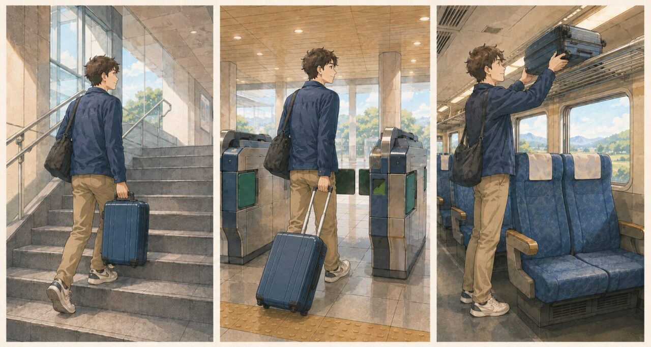 Three-panel illustration of a traveler carrying a suitcase on station stairs, rolling it through ticket gates, and lifting it onto a train luggage rack