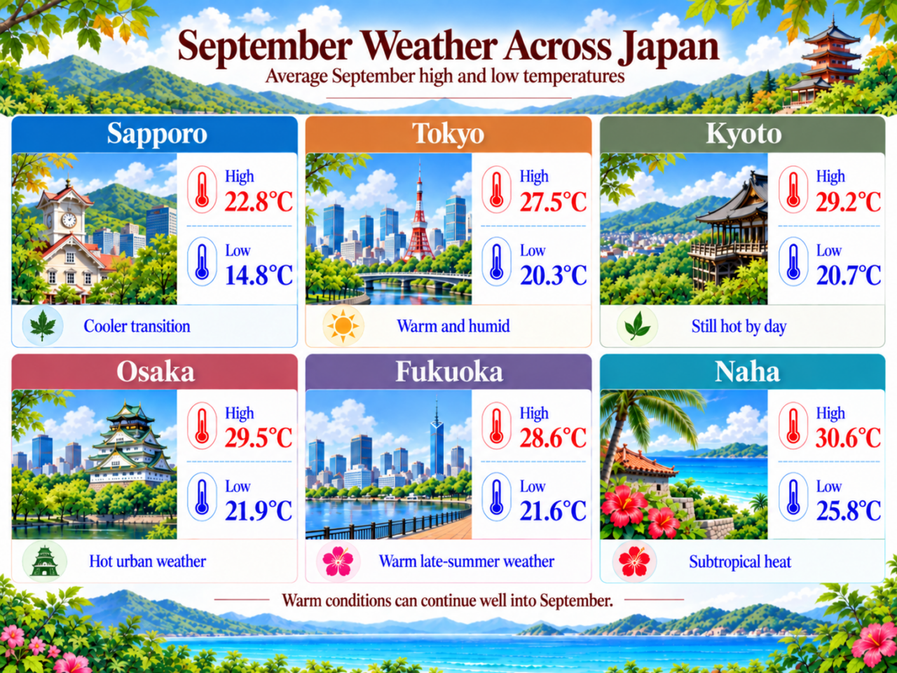 Infographic comparing average September high and low temperatures in Sapporo, Tokyo, Kyoto, Osaka, Fukuoka, and Naha