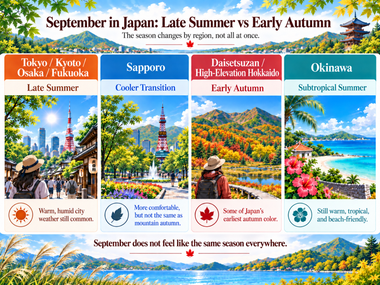 Infographic showing how September in Japan still feels like late summer in Tokyo, Kyoto, Osaka, Fukuoka, and Okinawa, while Sapporo is cooler and high-elevation Hokkaido can already feel like early autumn