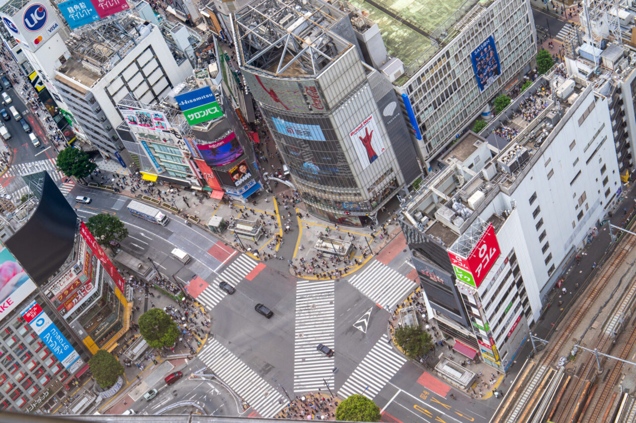 Aerial view of Shibuya Scramble Crossing and surrounding buildings