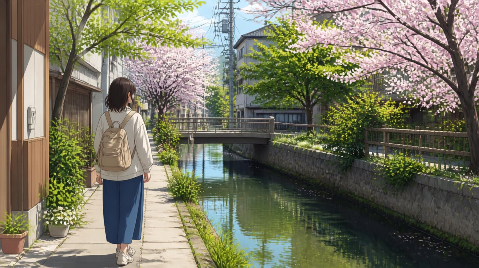 Traveler walking through a Japanese neighborhood in spring with cherry blossoms and fresh greenery