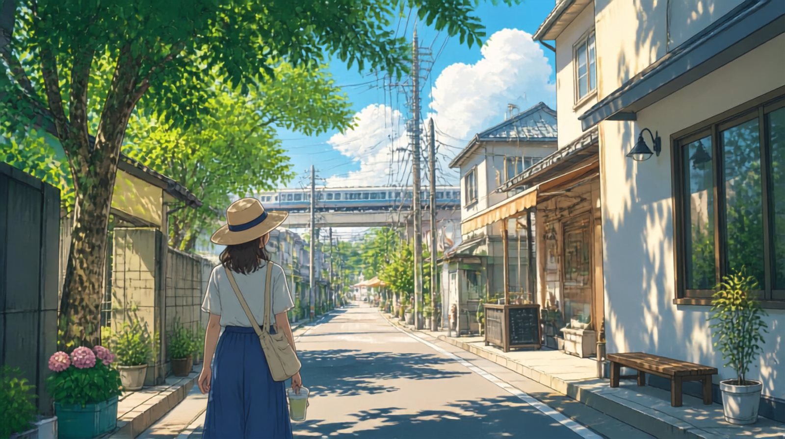 Anime-style illustration of travelers walking through a Japanese neighborhood on a warm summer afternoon