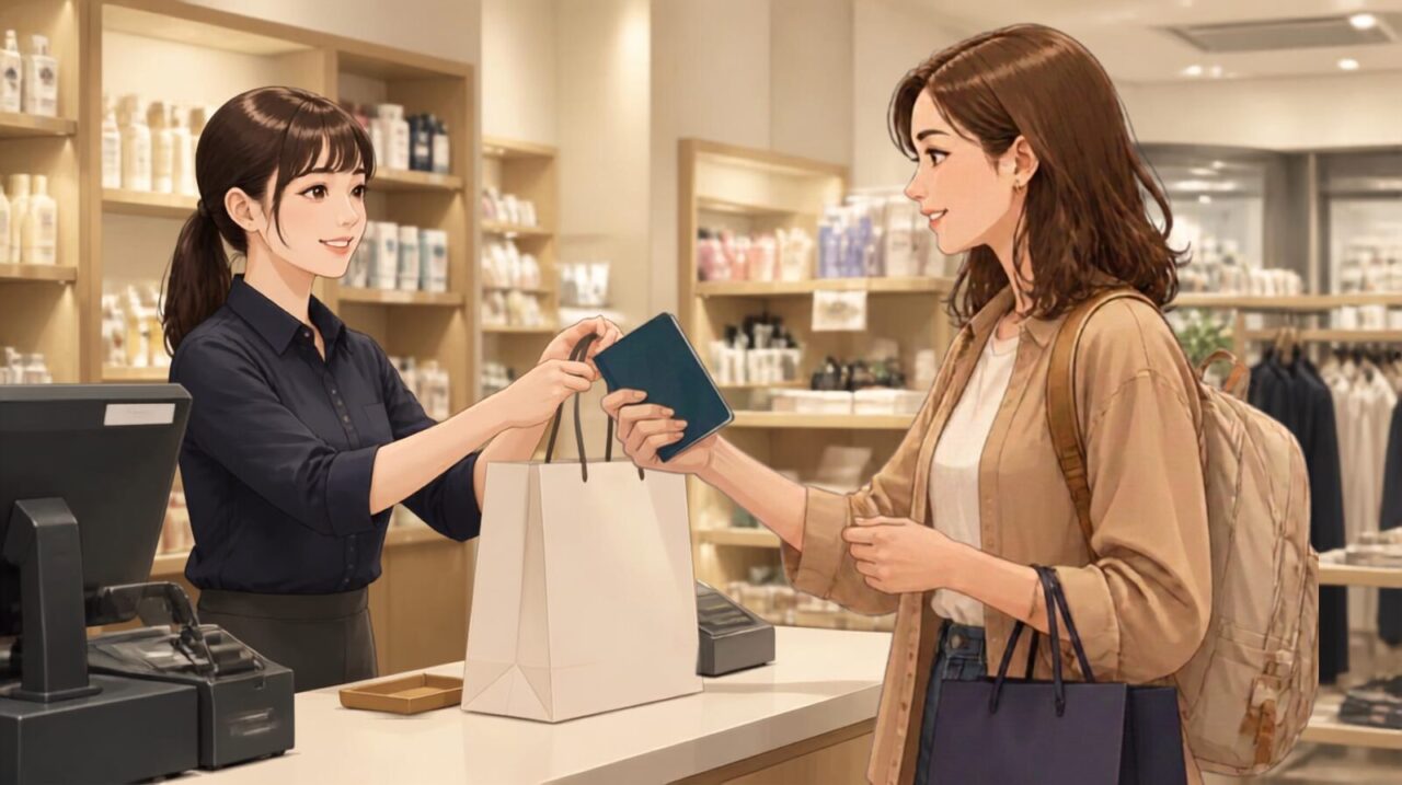 International visitor at a tax-free shopping counter in Japan with a passport and shopping bags