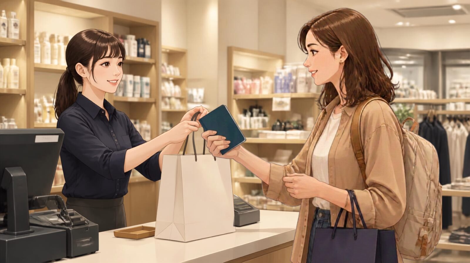 International visitor at a tax-free shopping counter in Japan with a passport and shopping bags