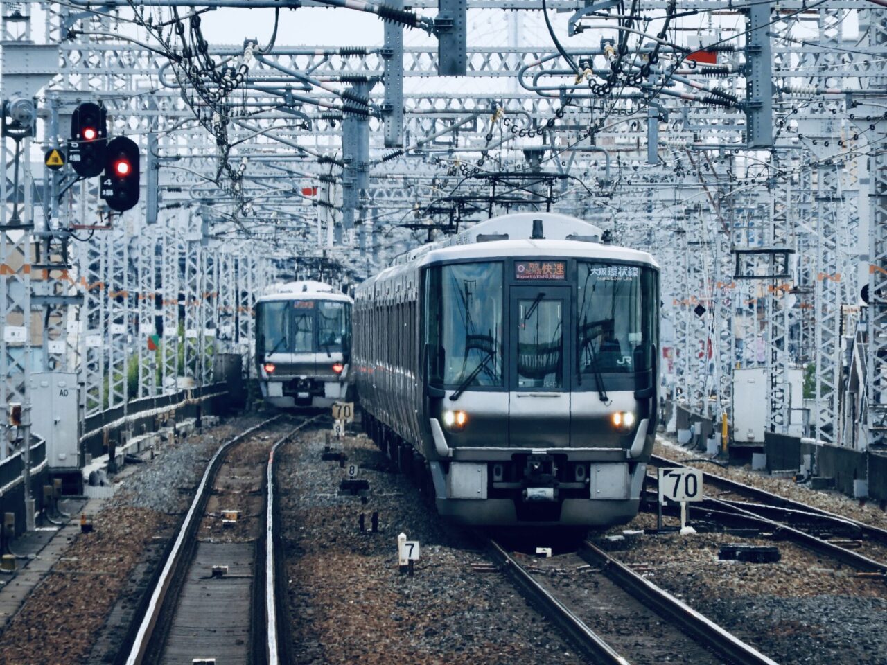 JR West local train at a railway station in Japan