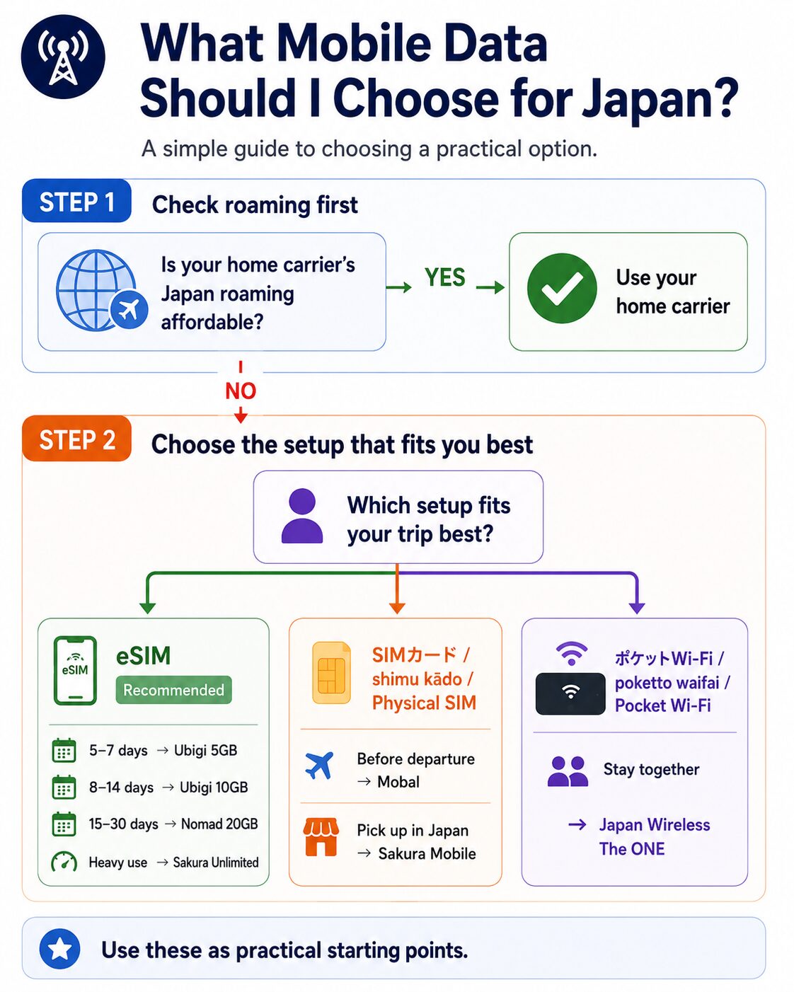 Decision guide for choosing mobile data in Japan, from roaming and connection type to recommended plans