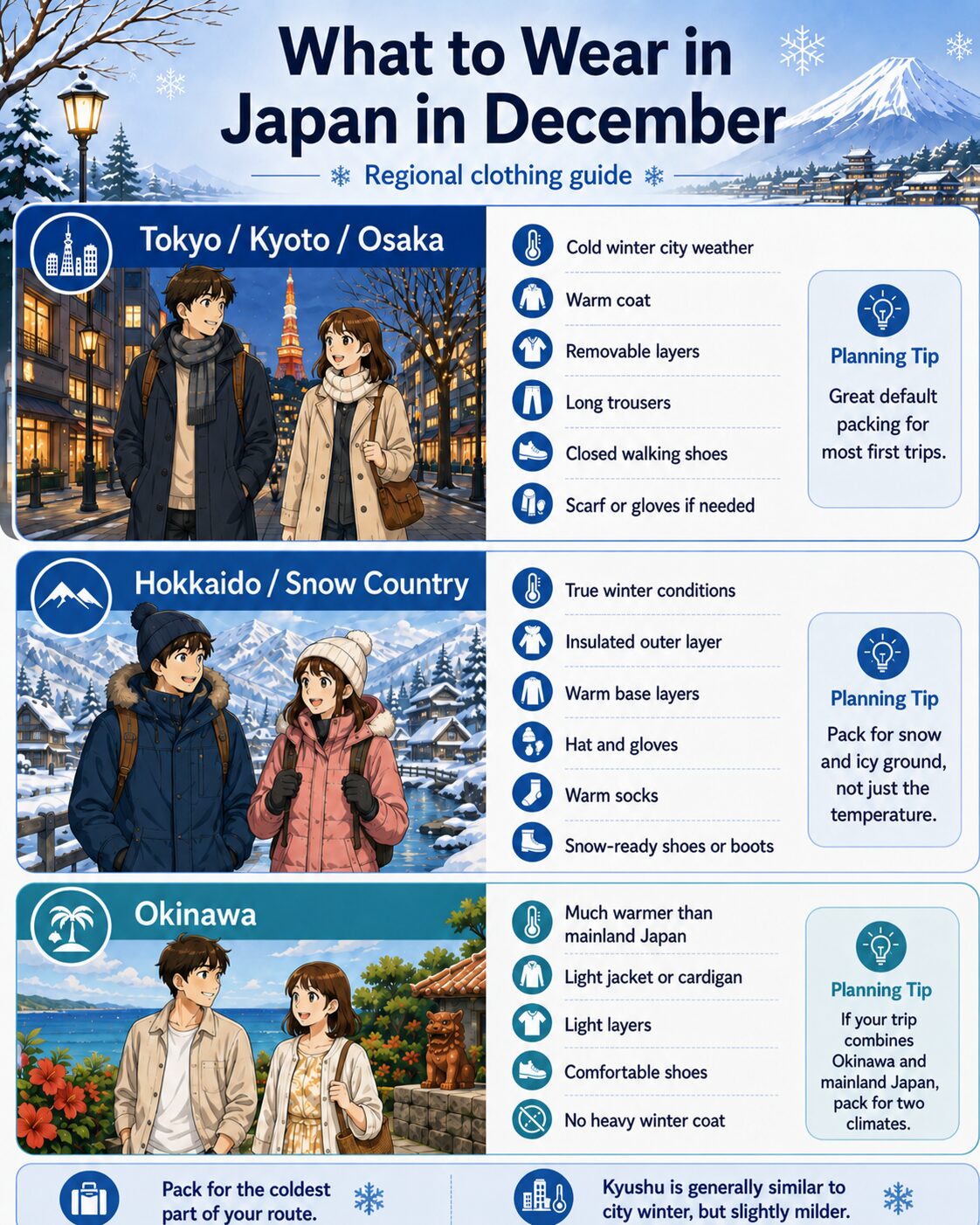 Regional clothing guide for Japan in December comparing Tokyo Kyoto Osaka, Hokkaido snow country, and Okinawa