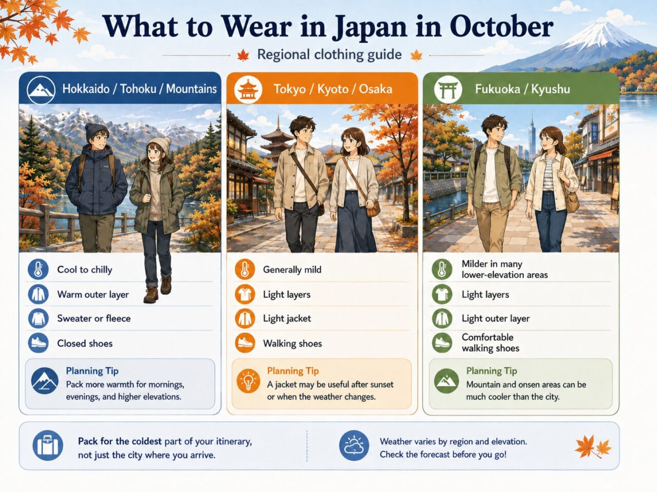 Infographic comparing what to wear in Japan in October for Hokkaido and Tohoku, Tokyo Kyoto and Osaka, and Fukuoka and Kyushu