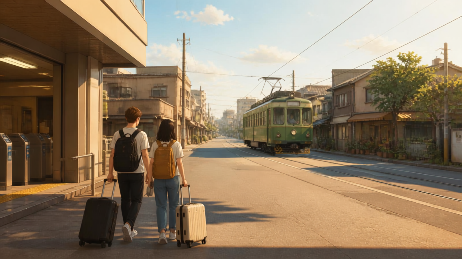Travelers arriving in the residential streets of Tengachaya, Osaka, near a Hankai tram
