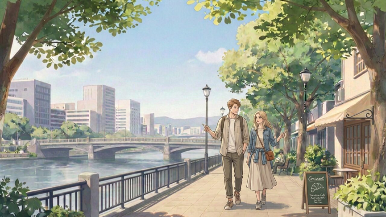 Travelers walking through a calm central Osaka street in Yodoyabashi and Edobori, with greenery, modern buildings, and local cafés