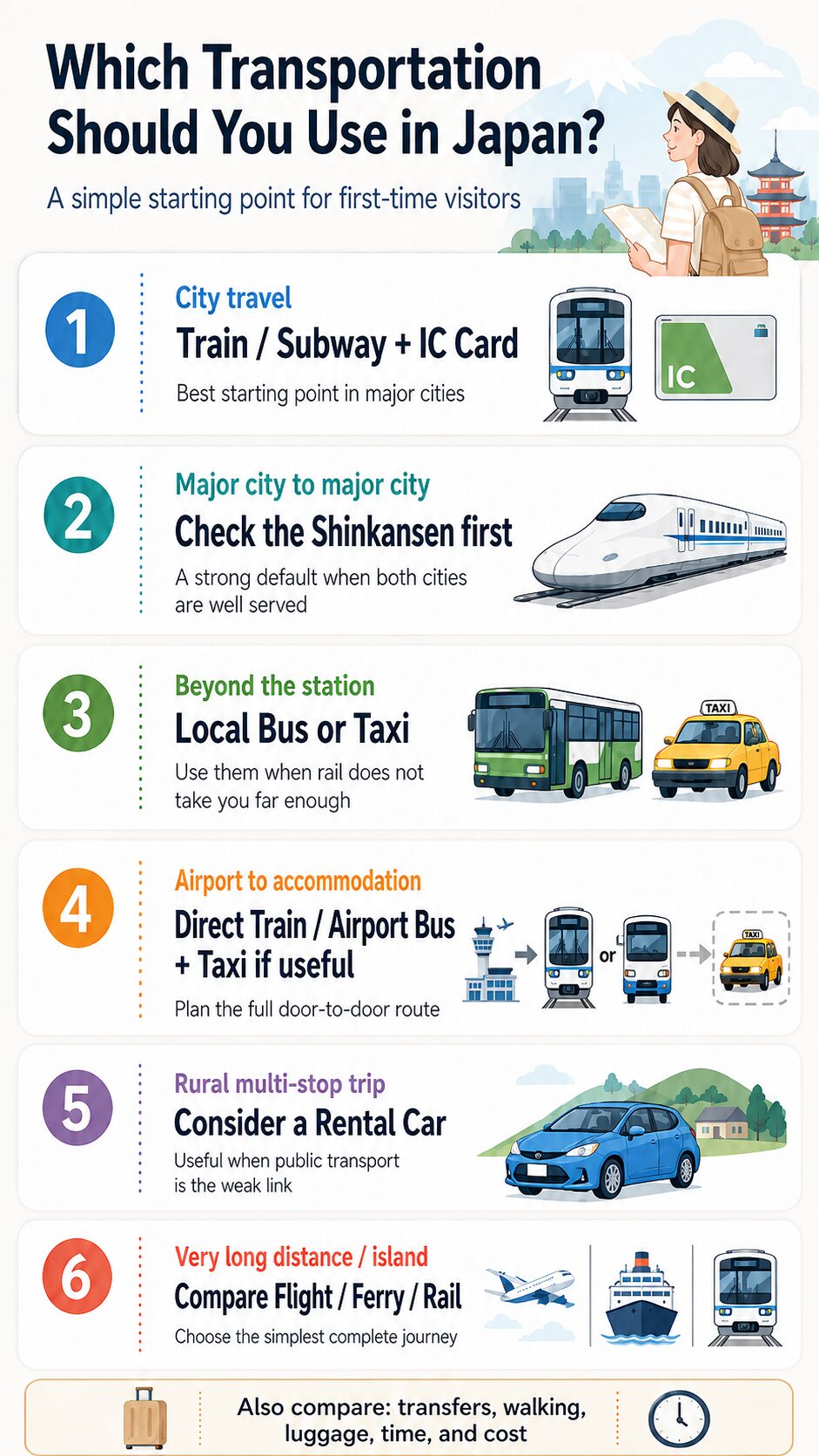 Infographic showing which transportation to use for different journeys in Japan
