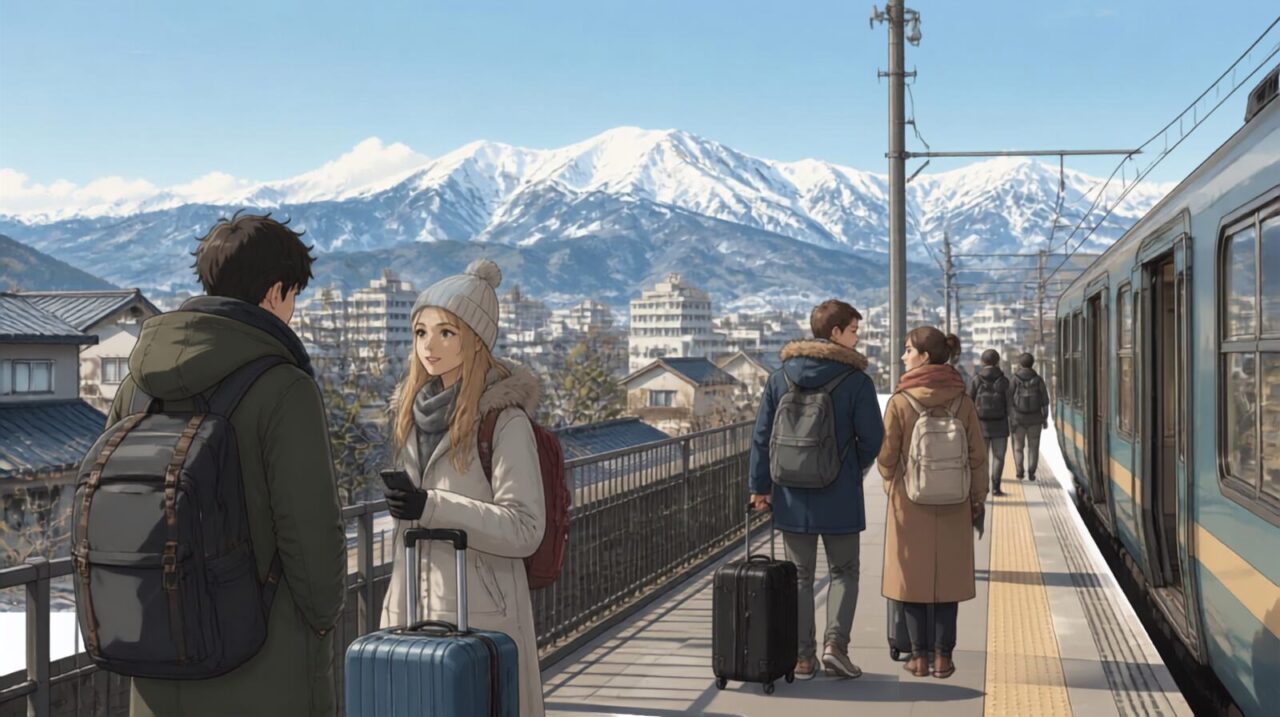 Travelers in winter clothing in a Japanese city with snow-covered mountains visible in the distance