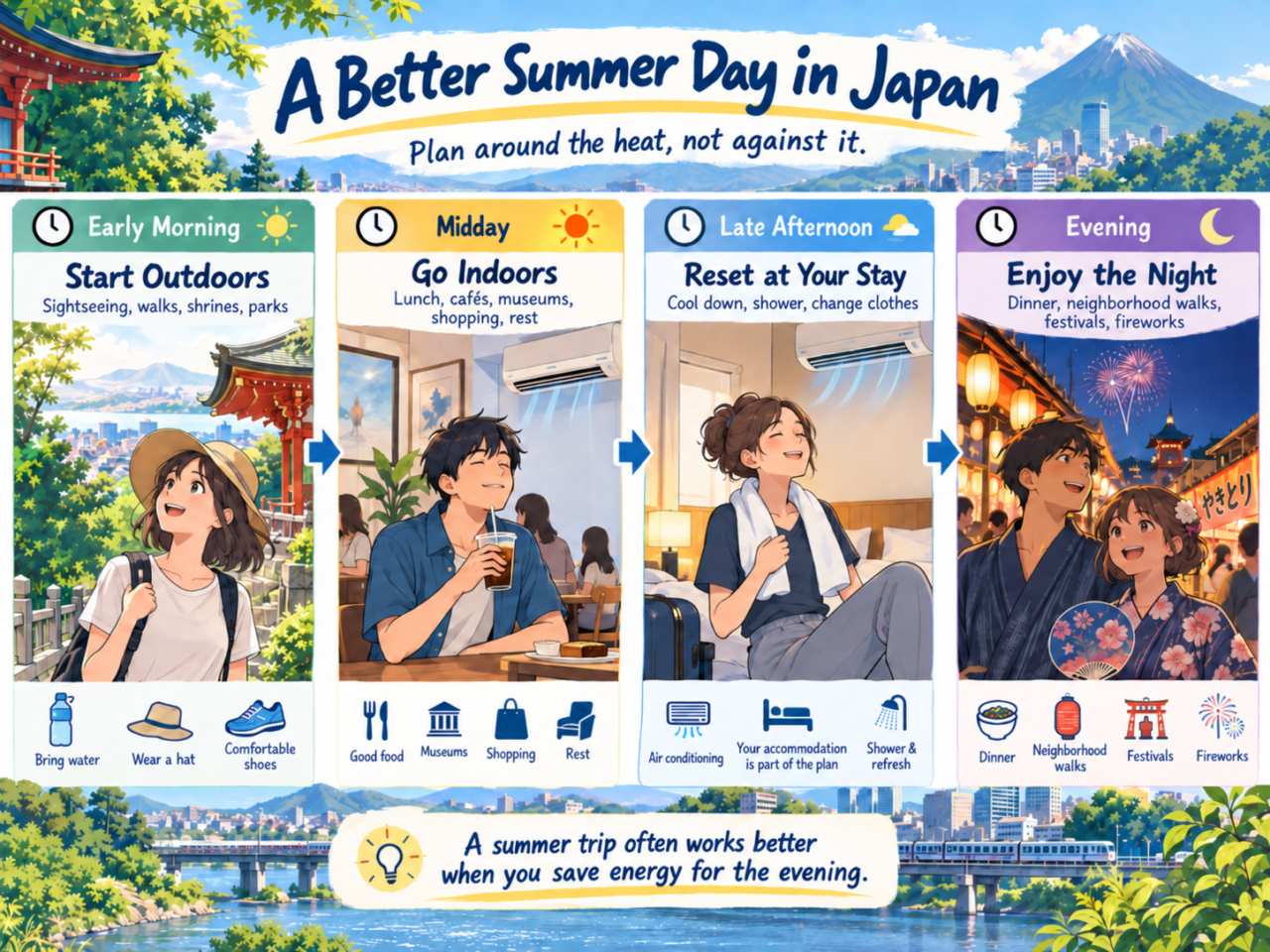 Infographic showing a practical summer day in Japan with early morning sightseeing, a midday indoor break, an afternoon reset at accommodation, and evening dining or festivals