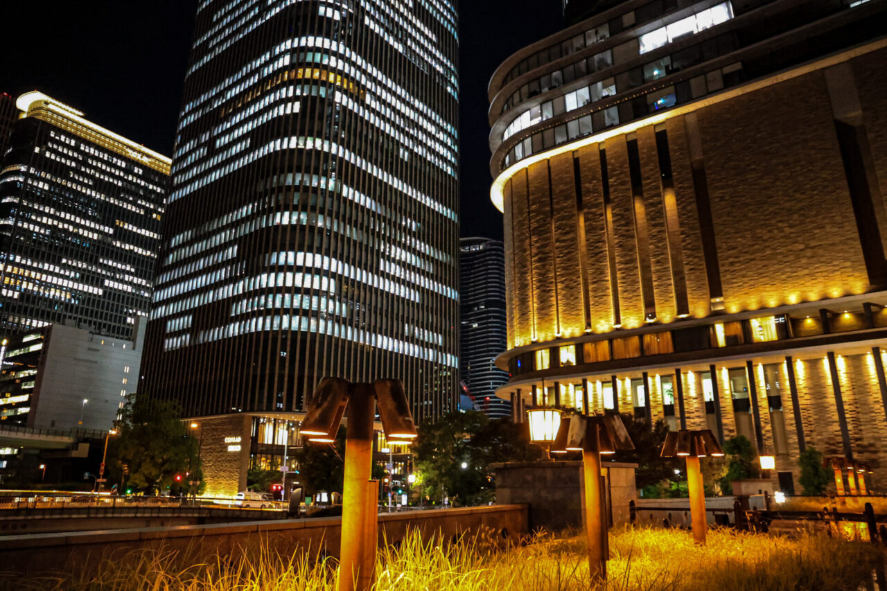 Higobashi streets at night in central Osaka