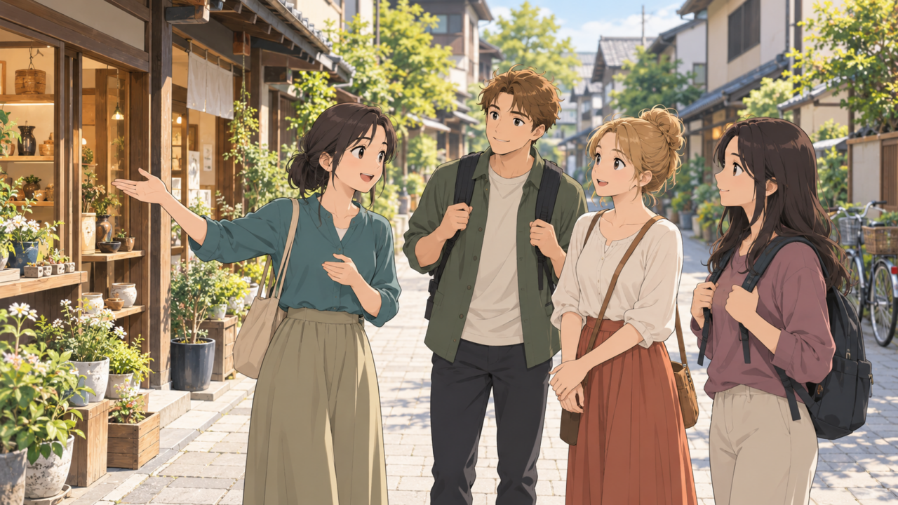 Illustration of a local guide showing neighborhood shops to three travelers in Japan