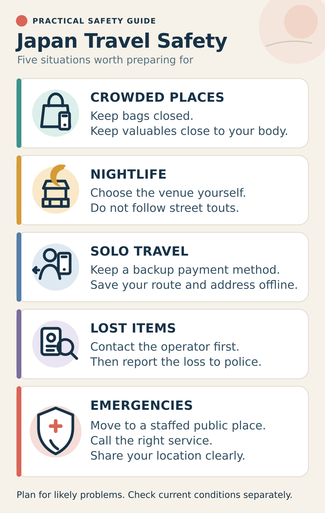 Illustrated guide to crowded places, nightlife, solo travel, lost items, and emergencies for visitors to Japan
