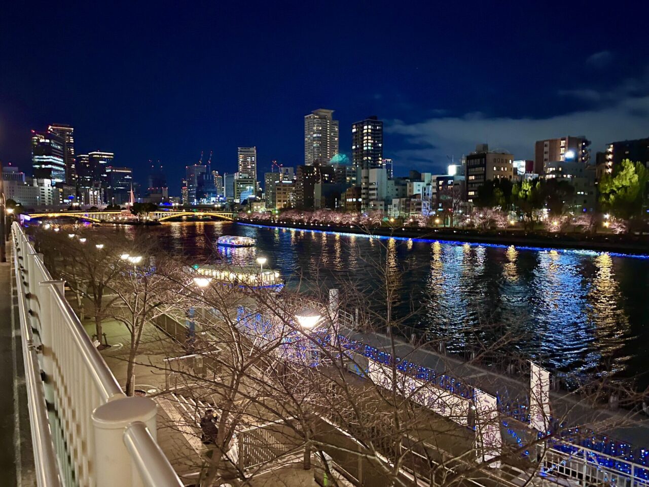 Nakanoshima riverside and city lights at night in Osaka