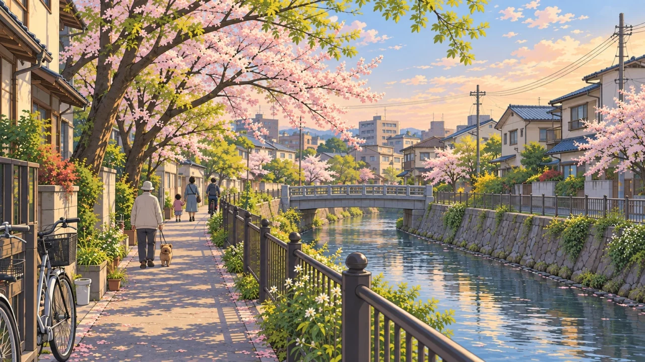 Residents walking and cycling beside a quiet neighborhood canal with cherry blossoms and fresh green leaves in Japan