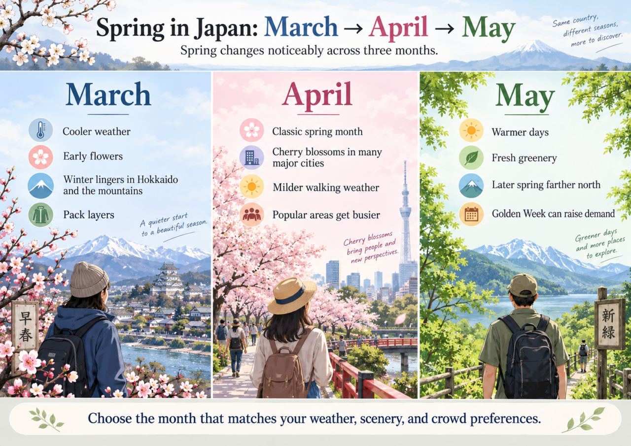 Infographic comparing spring in Japan in March, April, and May, including cooler March weather, April cherry blossoms, and May fresh greenery