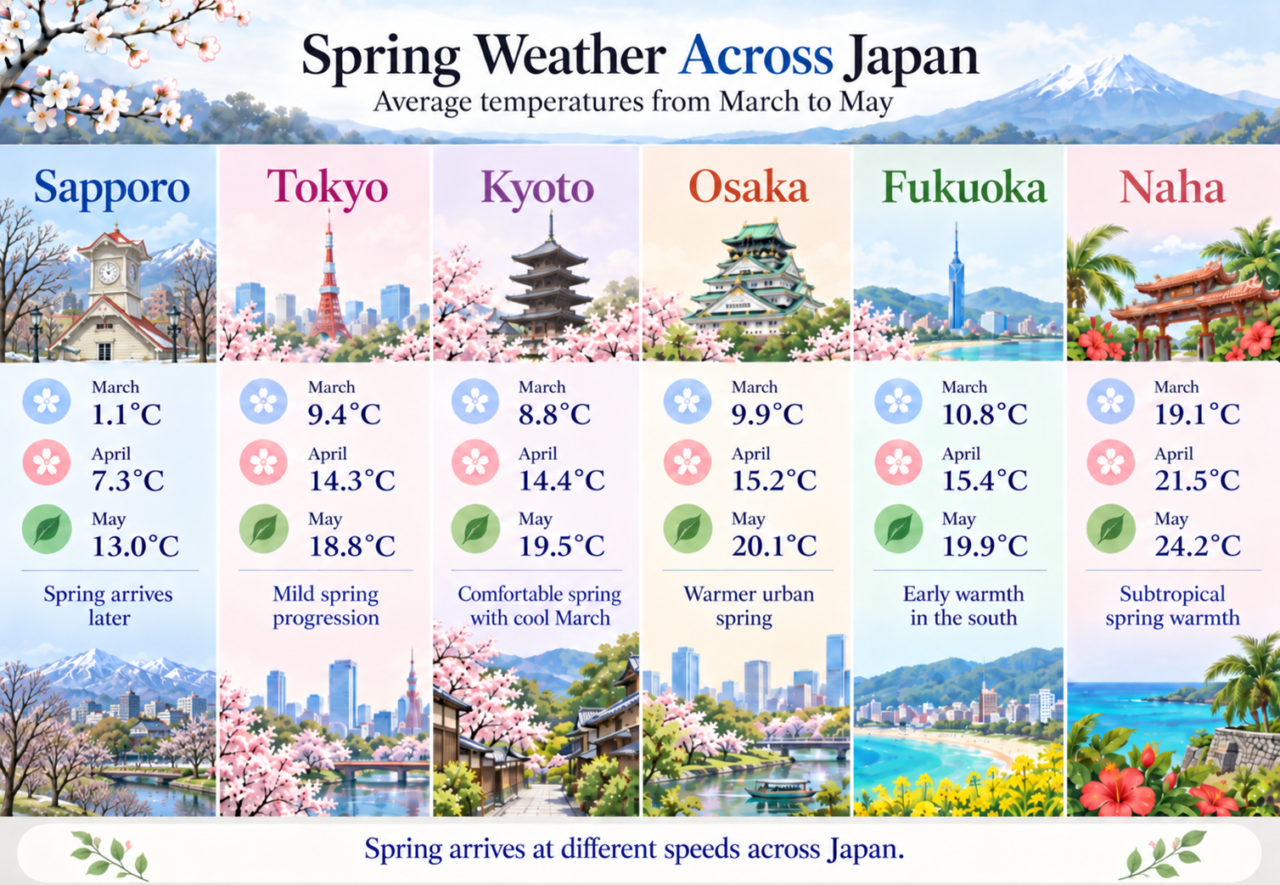 Infographic comparing average March, April, and May temperatures in Sapporo, Tokyo, Kyoto, Osaka, Fukuoka, and Naha