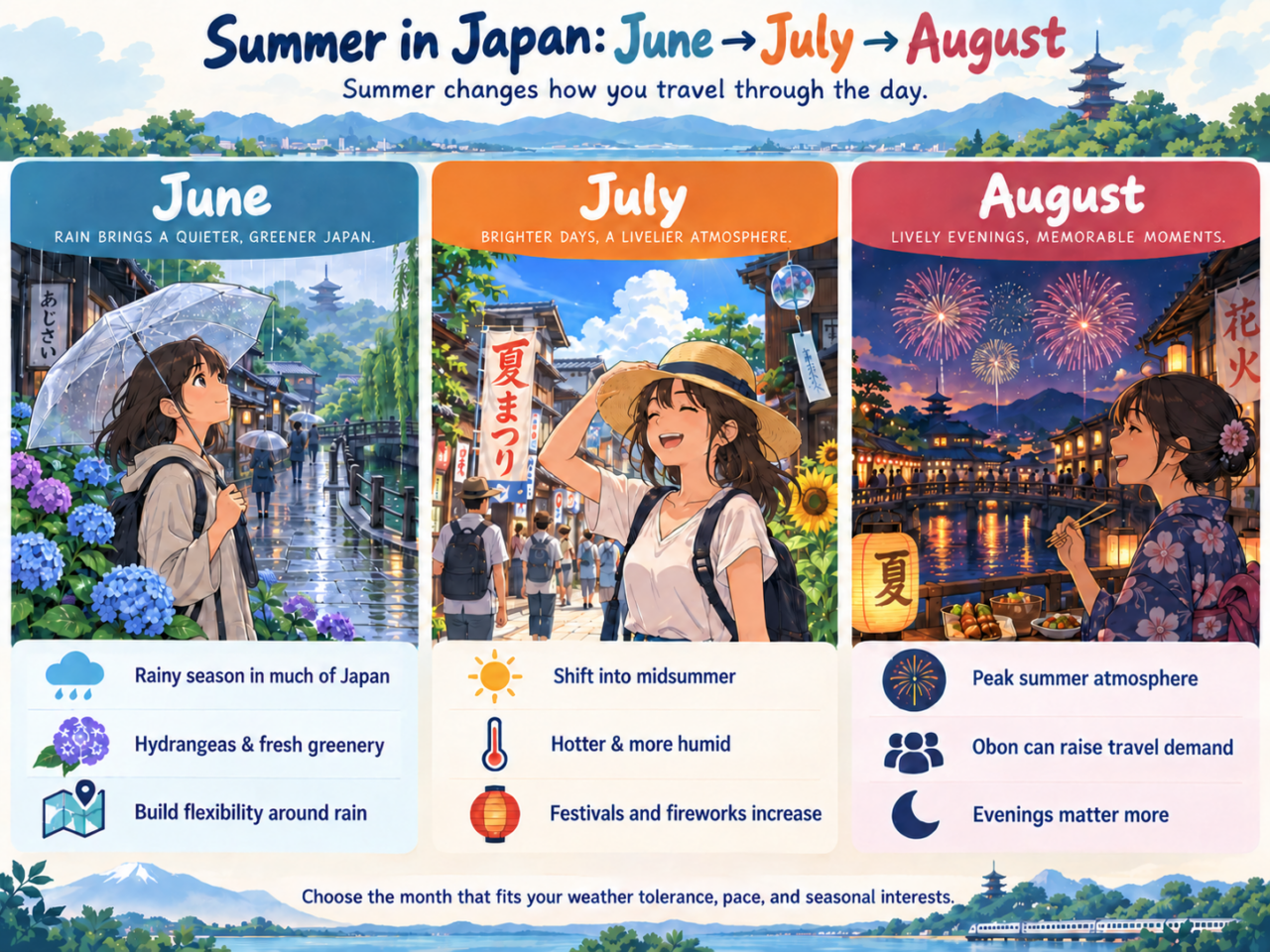 Infographic comparing June, July, and August in Japan, including rainy season in June, hotter midsummer weather in July, and peak summer festivals and Obon travel in August